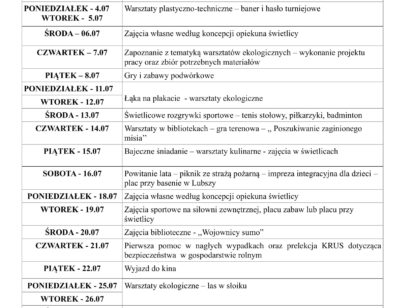 HARMONOGRAM WAKACJE 2022