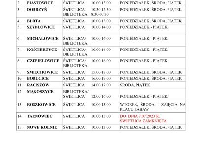 GODZINY PRACY ŚWIETLIC I BIBLIOTEK - WAKACJE 2023